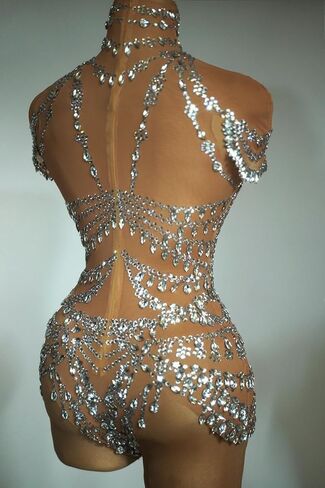 Women Sparkly Rhinestone Bodysuits Luxury One Piece Outifit Stretch Sheer Mesh Short Dance Leotard Drag Queen Costume Nude in Saudi Arabia
