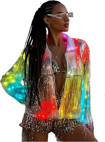 المرأة الترتر معطف LED تضيء هامش شرابة ديسكو راعية البقر الزي الأزرق الأسنان مزامنة in Kuwait