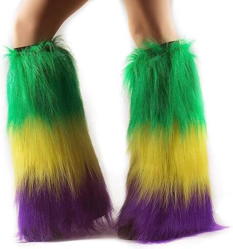 أغطية أرجل من الفرو الصناعي من Fuzzy Mardi gras، أغطية أرجل من الفرو الصناعي باللون الأرجواني والأخضر والأصفر - زي Mardi gras للنساء من Mardi gras إكسسوارات تنكرية وكعب كرنفال وغطاء طويل للحفلة in Saudi Arabia