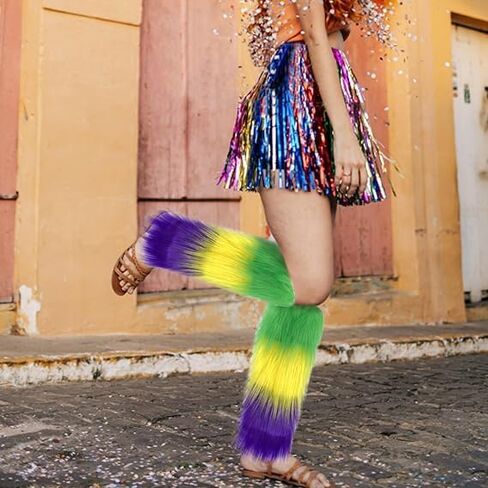 أغطية أرجل من الفرو الصناعي من Fuzzy Mardi gras، أغطية أرجل من الفرو الصناعي باللون الأرجواني والأخضر والأصفر - زي Mardi gras للنساء من Mardi gras إكسسوارات تنكرية وكعب كرنفال وغطاء طويل للحفلة in Saudi Arabia