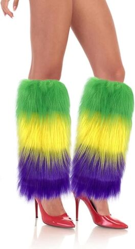 أغطية أرجل من الفرو الصناعي من Fuzzy Mardi gras، أغطية أرجل من الفرو الصناعي باللون الأرجواني والأخضر والأصفر - زي Mardi gras للنساء من Mardi gras إكسسوارات تنكرية وكعب كرنفال وغطاء طويل للحفلة in Saudi Arabia