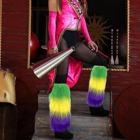 أغطية أرجل من الفرو الصناعي من Fuzzy Mardi gras، أغطية أرجل من الفرو الصناعي باللون الأرجواني والأخضر والأصفر - زي Mardi gras للنساء من Mardi gras إكسسوارات تنكرية وكعب كرنفال وغطاء طويل للحفلة in Saudi Arabia