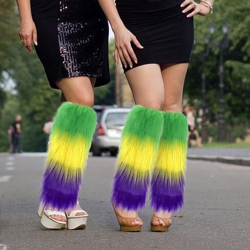 أغطية أرجل من الفرو الصناعي من Fuzzy Mardi gras، أغطية أرجل من الفرو الصناعي باللون الأرجواني والأخضر والأصفر - زي Mardi gras للنساء من Mardi gras إكسسوارات تنكرية وكعب كرنفال وغطاء طويل للحفلة in Saudi Arabia