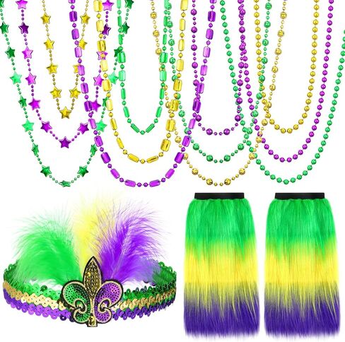 Rtteri 12pcs Mardi Gras Leg Warmers Accessories Include Mardi Gras Beads Necklaces Mardi Gras Furry Leg Covers and Women's Feathers Tea Party Hat Veil Headband for Masquerade Costume Party Favors in Saudi Arabia