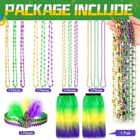 Rtteri 12pcs Mardi Gras Leg Warmers Accessories Include Mardi Gras Beads Necklaces Mardi Gras Furry Leg Covers and Women's Feathers Tea Party Hat Veil Headband for Masquerade Costume Party Favors in Saudi Arabia