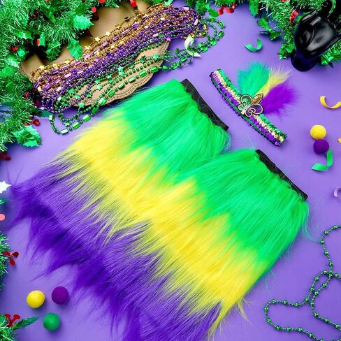 Rtteri 12pcs Mardi Gras Leg Warmers Accessories Include Mardi Gras Beads Necklaces Mardi Gras Furry Leg Covers and Women's Feathers Tea Party Hat Veil Headband for Masquerade Costume Party Favors in Saudi Arabia