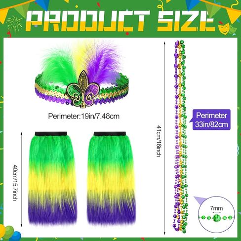 Rtteri 12pcs Mardi Gras Leg Warmers Accessories Include Mardi Gras Beads Necklaces Mardi Gras Furry Leg Covers and Women's Feathers Tea Party Hat Veil Headband for Masquerade Costume Party Favors in Saudi Arabia
