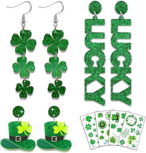 St Patricks Day Earrings & Tattoos for Women, 3 Pairs Irish Earrings + Shamrock Temporary Tattoos for Irish Festival Party Celebration, Green Saint Patricks Day Shirt & Outfits Accessories for Adults in Kuwait