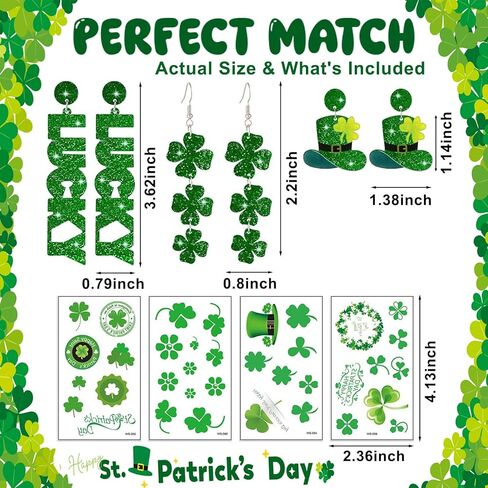 St Patricks Day Earrings & Tattoos for Women, 3 Pairs Irish Earrings + Shamrock Temporary Tattoos for Irish Festival Party Celebration, Green Saint Patricks Day Shirt & Outfits Accessories for Adults in Kuwait