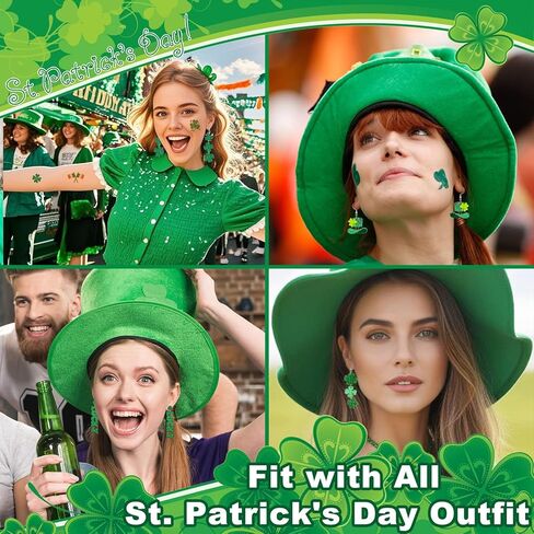 St Patricks Day Earrings & Tattoos for Women, 3 Pairs Irish Earrings + Shamrock Temporary Tattoos for Irish Festival Party Celebration, Green Saint Patricks Day Shirt & Outfits Accessories for Adults in Kuwait