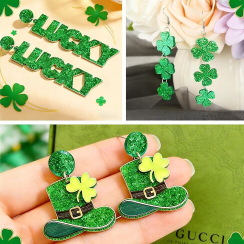 St Patricks Day Earrings & Tattoos for Women, 3 Pairs Irish Earrings + Shamrock Temporary Tattoos for Irish Festival Party Celebration, Green Saint Patricks Day Shirt & Outfits Accessories for Adults in Kuwait
