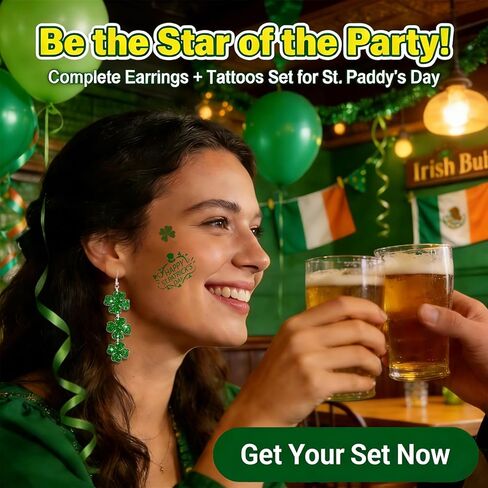 St Patricks Day Earrings & Tattoos for Women, 3 Pairs Irish Earrings + Shamrock Temporary Tattoos for Irish Festival Party Celebration, Green Saint Patricks Day Shirt & Outfits Accessories for Adults in Kuwait