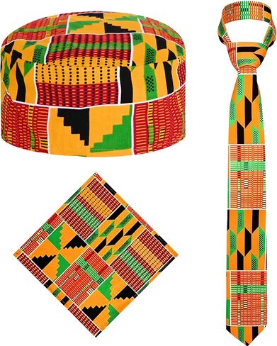 3PCS African Kente Cloth Set, Kufi Hat Cap & Kente Tie & Suit Pocket Square for Black History Month, Men Graduation Accessories in Saudi Arabia