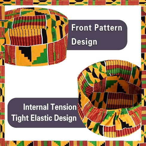 3PCS African Kente Cloth Set, Kufi Hat Cap & Kente Tie & Suit Pocket Square for Black History Month, Men Graduation Accessories in Saudi Arabia