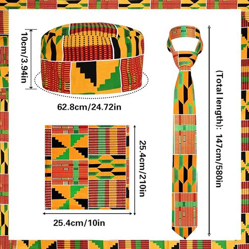 3PCS African Kente Cloth Set, Kufi Hat Cap & Kente Tie & Suit Pocket Square for Black History Month, Men Graduation Accessories in Saudi Arabia