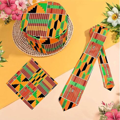 3PCS African Kente Cloth Set, Kufi Hat Cap & Kente Tie & Suit Pocket Square for Black History Month, Men Graduation Accessories in Saudi Arabia
