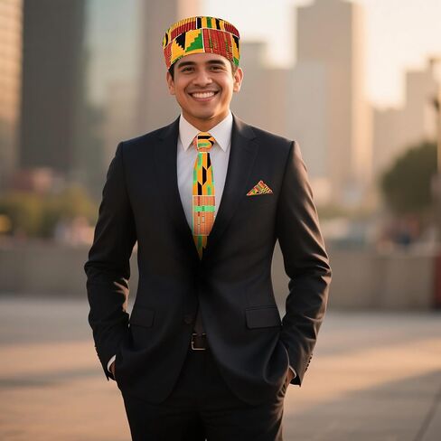 3PCS African Kente Cloth Set, Kufi Hat Cap & Kente Tie & Suit Pocket Square for Black History Month, Men Graduation Accessories in Saudi Arabia
