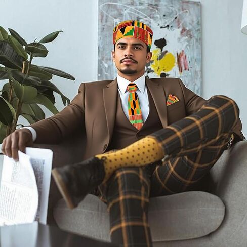3PCS African Kente Cloth Set, Kufi Hat Cap & Kente Tie & Suit Pocket Square for Black History Month, Men Graduation Accessories in Saudi Arabia