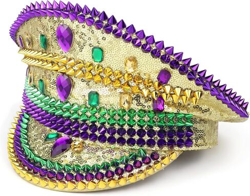 قبعة الكابتن Needzo باللونين الأخضر والأرجواني المرصعة بحجر الراين، وإكسسوارات للمهرجانات الموسيقية، وماردي غرا، وحفلات العزوبية، مقاس واحد يناسب معظم الأشخاص in Kuwait