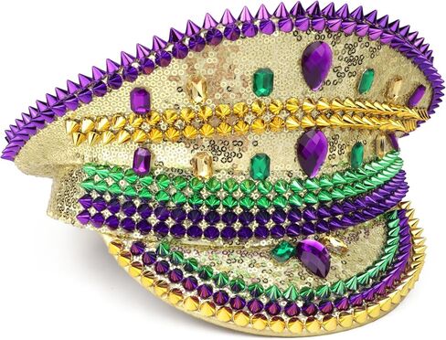 قبعة الكابتن Needzo باللونين الأخضر والأرجواني المرصعة بحجر الراين، وإكسسوارات للمهرجانات الموسيقية، وماردي غرا، وحفلات العزوبية، مقاس واحد يناسب معظم الأشخاص in Kuwait