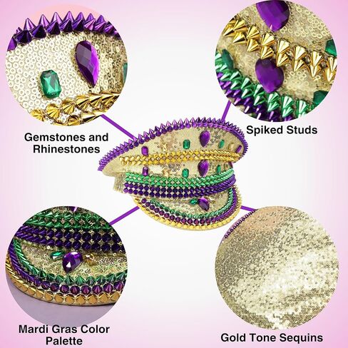 قبعة الكابتن Needzo باللونين الأخضر والأرجواني المرصعة بحجر الراين، وإكسسوارات للمهرجانات الموسيقية، وماردي غرا، وحفلات العزوبية، مقاس واحد يناسب معظم الأشخاص in Kuwait