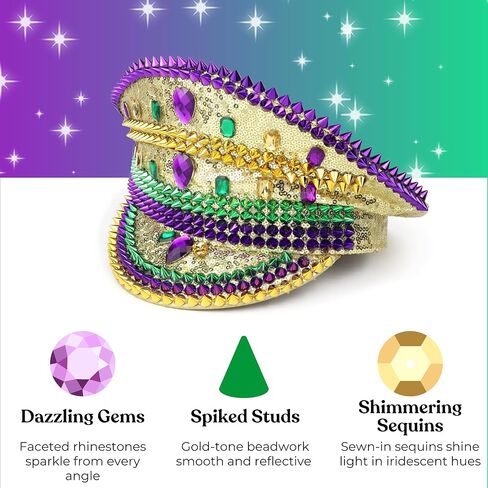 قبعة الكابتن Needzo باللونين الأخضر والأرجواني المرصعة بحجر الراين، وإكسسوارات للمهرجانات الموسيقية، وماردي غرا، وحفلات العزوبية، مقاس واحد يناسب معظم الأشخاص in Kuwait