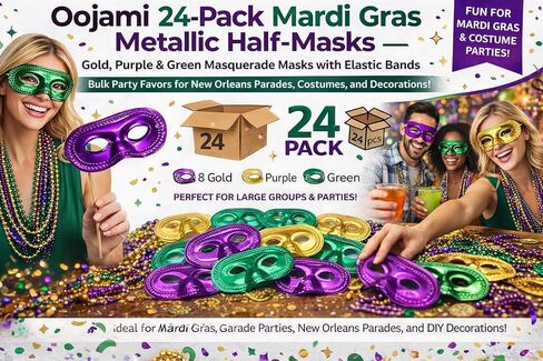 Oojami 24 Pack Mardi Gras Metallic Half-Masks – Gold, Purple & Green Masquerade Masks with Elastic Bands – Bulk Party Favors for New Orleans Parades, Costumes, and Decorations in Saudi Arabia