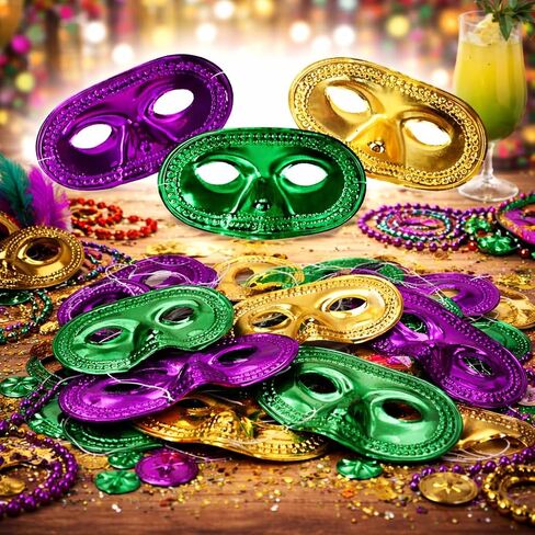 Oojami 24 Pack Mardi Gras Metallic Half-Masks – Gold, Purple & Green Masquerade Masks with Elastic Bands – Bulk Party Favors for New Orleans Parades, Costumes, and Decorations in Saudi Arabia
