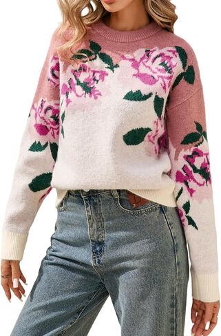 سترة المرأة الأزهار طويلة الأكمام Crewneck انخفاض الكتف نمط متماسكة سترة صوفية in Kuwait