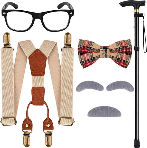 100 Days of School Old Man Costume for Boys Include Glasses Suspenders Bow Tie Crutch Mustache for Grandpa Dress Up in Kuwait