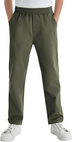 QBK Boys' Elastic Waist Chino Pants - Stretch Pull-On Twill Uniform Pants for Kids & Youth (Ages 3-16Years) in Kuwait