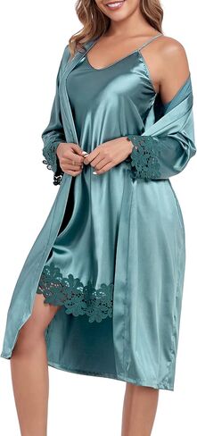 طقم رداء حريري نسائي من VintageClothing مع ثوب نوم مكون من قطعتين طقم بيجامات من الدانتيل رداء ساتان مثير مع ملابس داخلية قصيرة برقبة على شكل V in Kuwait