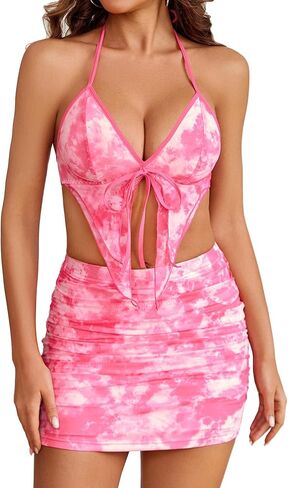 Avidlove Women's Skirt Set Two Piece Outfits Halter V Neck Cami Mesh Tops and Skirt Summer Set in Saudi Arabia