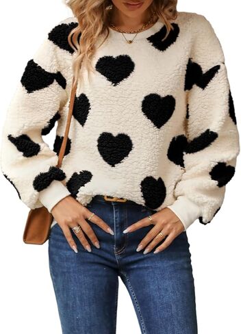 Women Heart Print Sweater Love Graphic Knitted Top Crewneck Cute Holiday Long Sleeve Shirts in Saudi Arabia