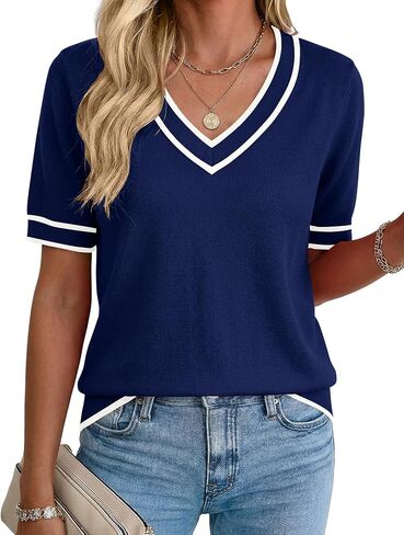 Rapbin Womens Short Sleeve Sweater Summer V Neck Tops Casual Knit Shirts Lightweight Pullover Top in Saudi Arabia