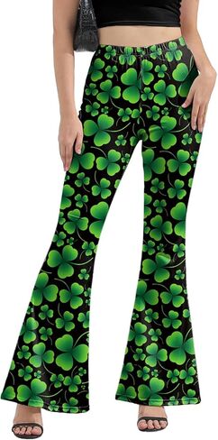 سروال نسائي من St Patricks Day Bell Bottoms، عالي الخصر مطبوع متوهج بالإضافة إلى حجم جرس قيعان السراويل الخضراء السراويل السوداء in Kuwait