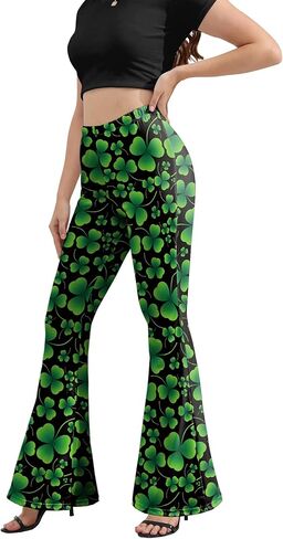 سروال نسائي من St Patricks Day Bell Bottoms، عالي الخصر مطبوع متوهج بالإضافة إلى حجم جرس قيعان السراويل الخضراء السراويل السوداء in Kuwait
