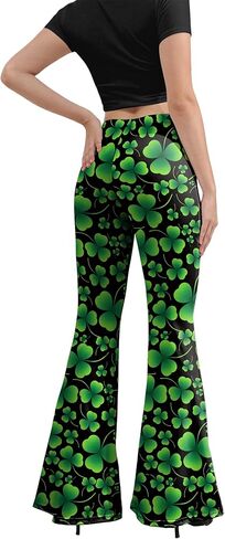 سروال نسائي من St Patricks Day Bell Bottoms، عالي الخصر مطبوع متوهج بالإضافة إلى حجم جرس قيعان السراويل الخضراء السراويل السوداء in Kuwait