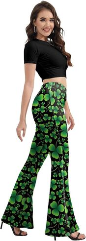سروال نسائي من St Patricks Day Bell Bottoms، عالي الخصر مطبوع متوهج بالإضافة إلى حجم جرس قيعان السراويل الخضراء السراويل السوداء in Kuwait