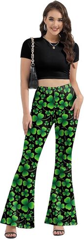 سروال نسائي من St Patricks Day Bell Bottoms، عالي الخصر مطبوع متوهج بالإضافة إلى حجم جرس قيعان السراويل الخضراء السراويل السوداء in Kuwait