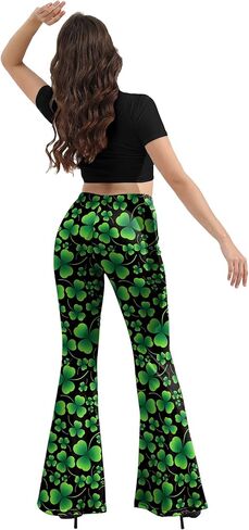 سروال نسائي من St Patricks Day Bell Bottoms، عالي الخصر مطبوع متوهج بالإضافة إلى حجم جرس قيعان السراويل الخضراء السراويل السوداء in Kuwait