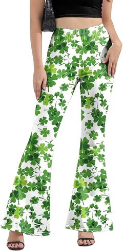 سروال ضيق للنساء من St Patricks Day Bell، مقاس كبير بخصر عالٍ ومطبوع ومتوهج وسروال أخضر وأبيض in Kuwait