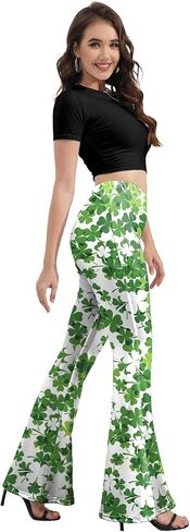 سروال ضيق للنساء من St Patricks Day Bell، مقاس كبير بخصر عالٍ ومطبوع ومتوهج وسروال أخضر وأبيض in Kuwait