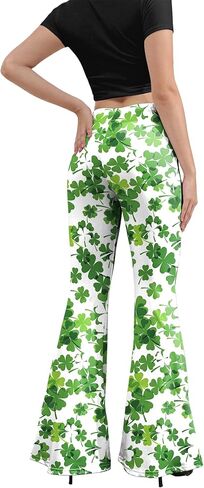 سروال ضيق للنساء من St Patricks Day Bell، مقاس كبير بخصر عالٍ ومطبوع ومتوهج وسروال أخضر وأبيض in Kuwait