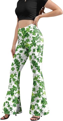سروال ضيق للنساء من St Patricks Day Bell، مقاس كبير بخصر عالٍ ومطبوع ومتوهج وسروال أخضر وأبيض in Kuwait
