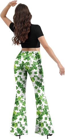 سروال ضيق للنساء من St Patricks Day Bell، مقاس كبير بخصر عالٍ ومطبوع ومتوهج وسروال أخضر وأبيض in Kuwait