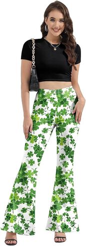 سروال ضيق للنساء من St Patricks Day Bell، مقاس كبير بخصر عالٍ ومطبوع ومتوهج وسروال أخضر وأبيض in Kuwait