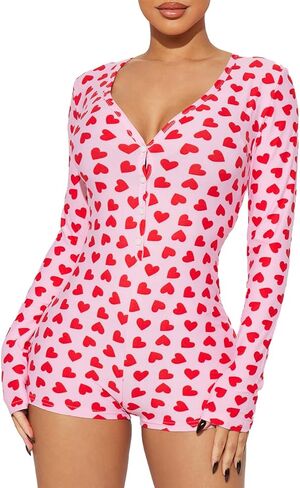 Womens Sexy Heart Valentine's Day Pajama Long Sleeve V Neck Bodycon Romper Sleepwear in Kuwait