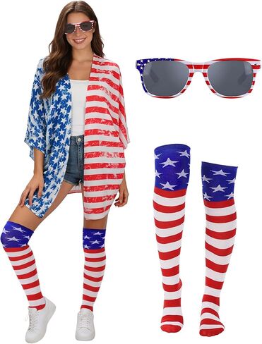 ملابس فوروي الرابع من يوليو للنساء كيمونو وطني يغطي النظارات الشمسية والجوارب الأمريكية للاحتفال بيوم الاستقلال in Kuwait