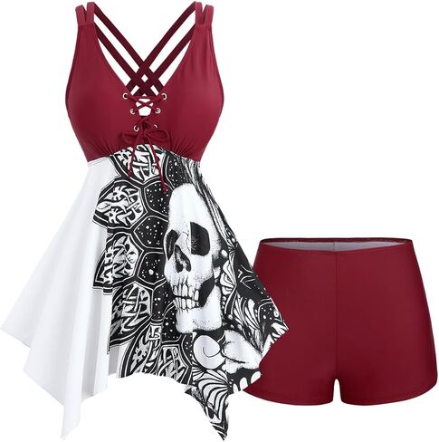 ROSE GAL Plus Size Women Goth Two Piece Bathing Suit Skull Print Lace-up Crisscross Back Flowy Tankini Swimsuit in Saudi Arabia